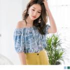 Leave Print Off-shoulder Smock Top