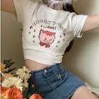 Short-sleeve Cat Print T-shirt / A-line Denim Skirt