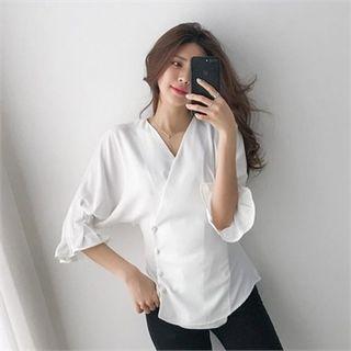 Elbow-sleeve Crepe Wrap Blouse