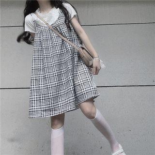 Plaid Mini A-line Overall Dress / Short-sleeve Top