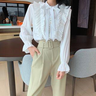 Ruffled Tie-neck Blouse / Belted Straight-cut Pants