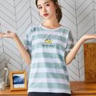 Elbow-sleeve Print Striped T-shirt