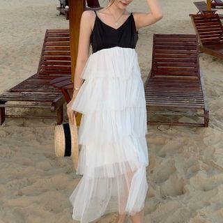 Spaghetti Strap Two Tone Tiered Midi Dress