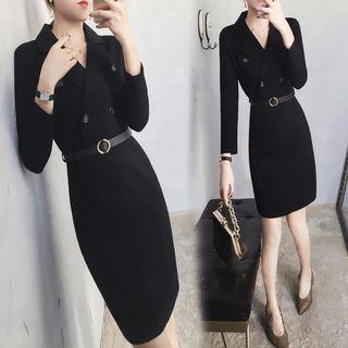 Long-sleeve Double-breasted Straight-fit Dress