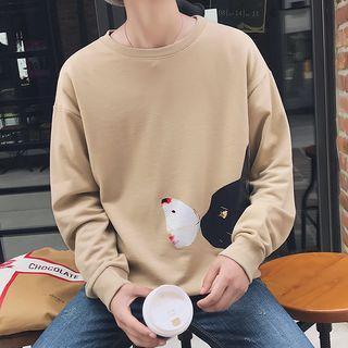 Long Sleeve Cat Print Loose-fit Crewneck Plain Sweatshirt