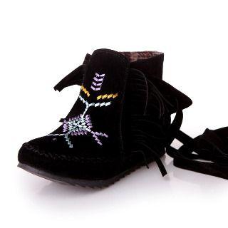 Hidden-wedge Stitched Fringed Ankle Boots