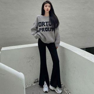 Lettering Loose-fit Sweater / Slit-hem Boot-cut Pants