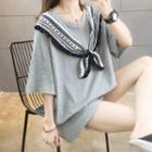 Patterned Panel Tie-front Elbow-sleeve T-shirt
