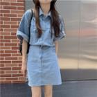 Short-sleeve Denim Shirt / Mini Pencil Skirt