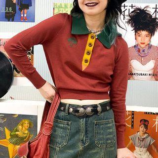 Embroidered Polo Knit Top