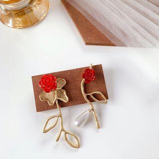 Non-matching Alloy Rose Faux Pearl Dangle Earring 1 Pair - Alloy Rose Faux Pearl Stud Earring - One Size