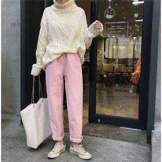 Turtleneck Cable-knit Sweater/ Plain Straight-cut Pants