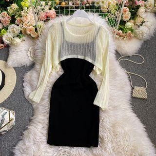 Set: Spaghetti Strap Slim Cut Dress + Crop Knit Top