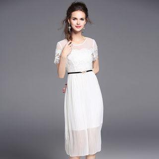 Lace Panel Pleated Short-sleeve A-line Midi Dress