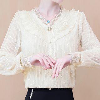 Long-sleeve V-neck Lace Trim Blouse