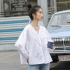 V Collar Plain Lantern-sleeved Shirt