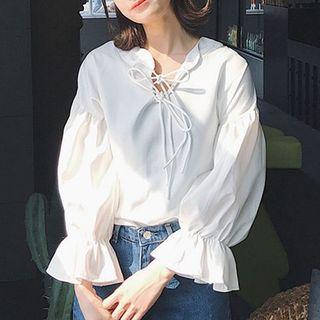 Balloon Sleeve Cross Neck Blouse