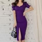 Short-sleeve V-neck Plain Slim-fit Pencil Dress