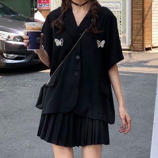 Butterfly Detail Elbow-sleeve Shirt / Mini Pleated Skirt