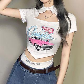 Short-sleeve Cut-out Car Print Top