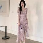 Puff-sleeve Floral Print Ruffle Hem Midi A-line Dress