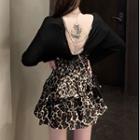Chained Open-back Long-sleeve T-shirt / High-waist Leopard Printed Skirt