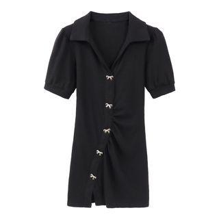Short-sleeve Bow Accent Slit Bodycon Dress