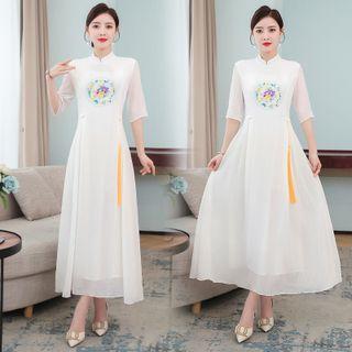 Elbow-sleeve Embroidered Tasseled Midi A-line Qipao Dress
