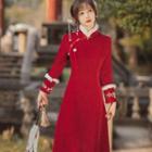 Long-sleeve Fleece Trim Midi A-line Qipao Dress