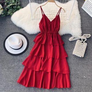 Spaghetti Strap A-line Midi Tiered Dress
