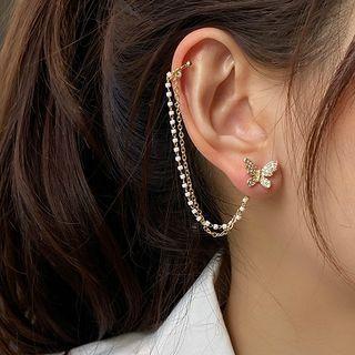 Rhinestone Butterfly Chained Earring 1 Pair - Gold - One Size