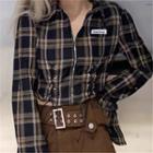 Long Sleeve Zip-up Plaid Lace-up Crop Shirt