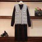Set: Long-sleeve Midi Knit Dress + Tweed Vest