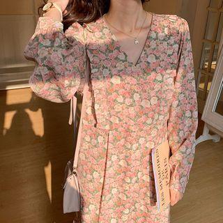 Long-sleeve Floral Print Midi A-line Dress Flower - Pink - One Size