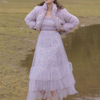 Fluffy Toggle Jacket / Spaghetti Strap Dress