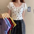 Short-sleeve Floral Print Lace Slim-fit Knit Top
