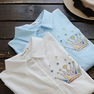 Stand-collar Floral Embroidered Long-sleeved Blouse