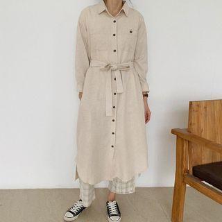 Long-sleeve Midi A-line Linen Shirtdress
