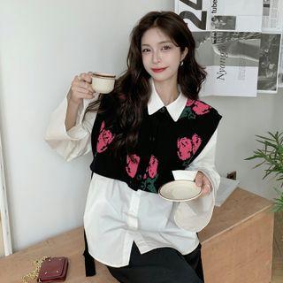 Floral Pattern Sweater Vest / Plain Shirt