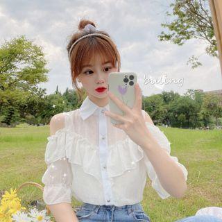 Elbow-sleeve Cold-shoulder Ruffled Shirt
