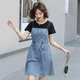 Mock Two-piece Denim Midi A-line Dress