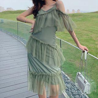 Spaghetti Strap Ruffled Mesh Paneled Midi Dress