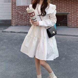 Long-sleeve Wide-collar Frill Trim Tiered A-line Dress