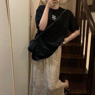 Elbow-sleeve Bow T-shirt / Glittered Midi Skirt / Set