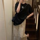 Elbow-sleeve Bow T-shirt / Glittered Midi Skirt / Set