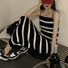 Spaghetti Strap Striped Knit Dress Stripe - Black & White - One Size