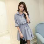 Elbow-sleeve Pinstriped A-line Shirtdress Blue - One Size