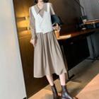 Set: Long-sleeve Plain Midi A-line Shirt Dress + Vest