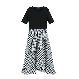 Short-sleeve Mock Two-piece Midi Plaid Dress
