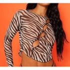 Long-sleeve Zebra Print Cut-out Cropped T-shirt